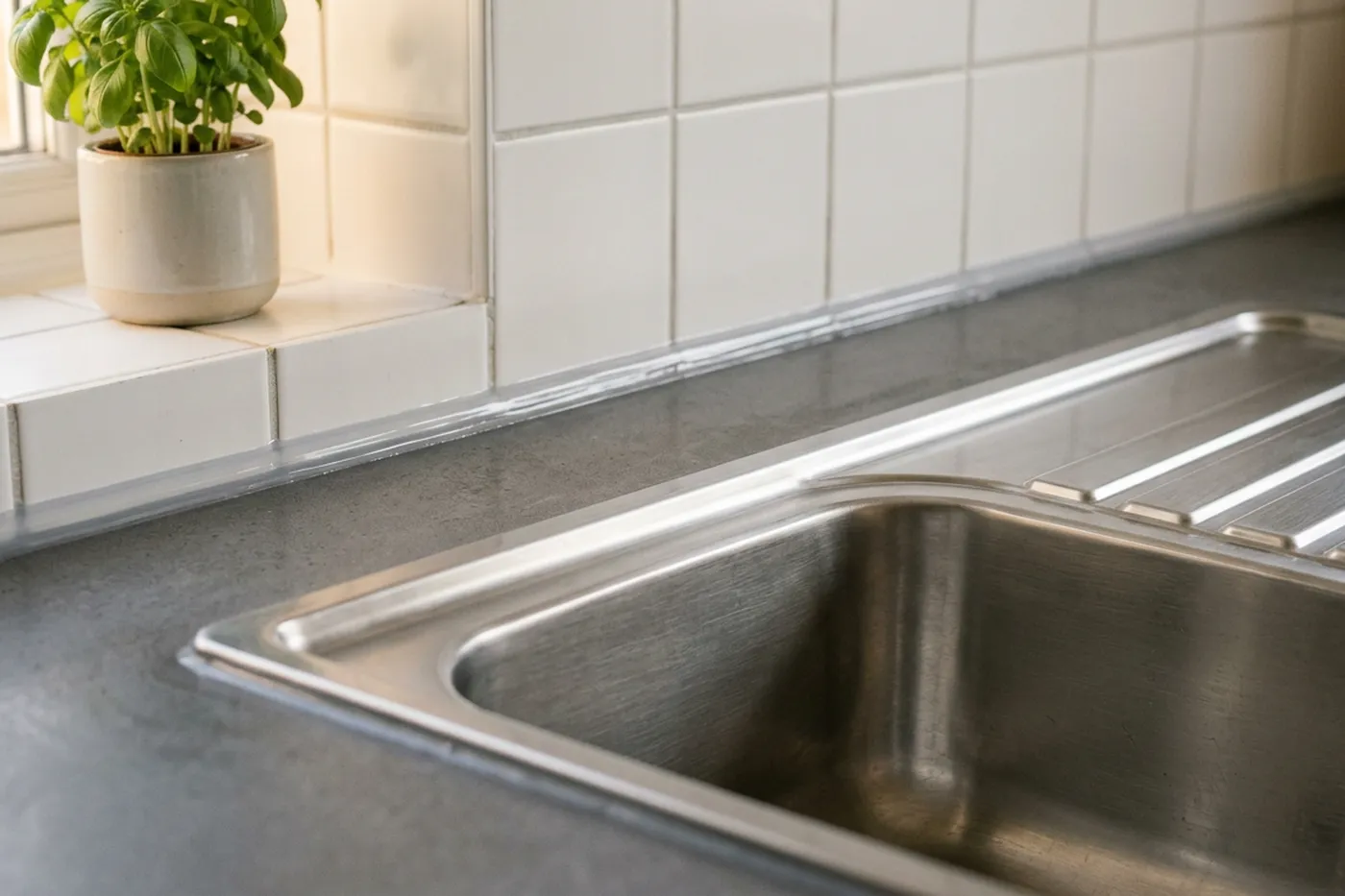 A fresh clear silicone line along the joint between a kitchen worktop and a tiled upstand, running past the corner of an inset stainless sink