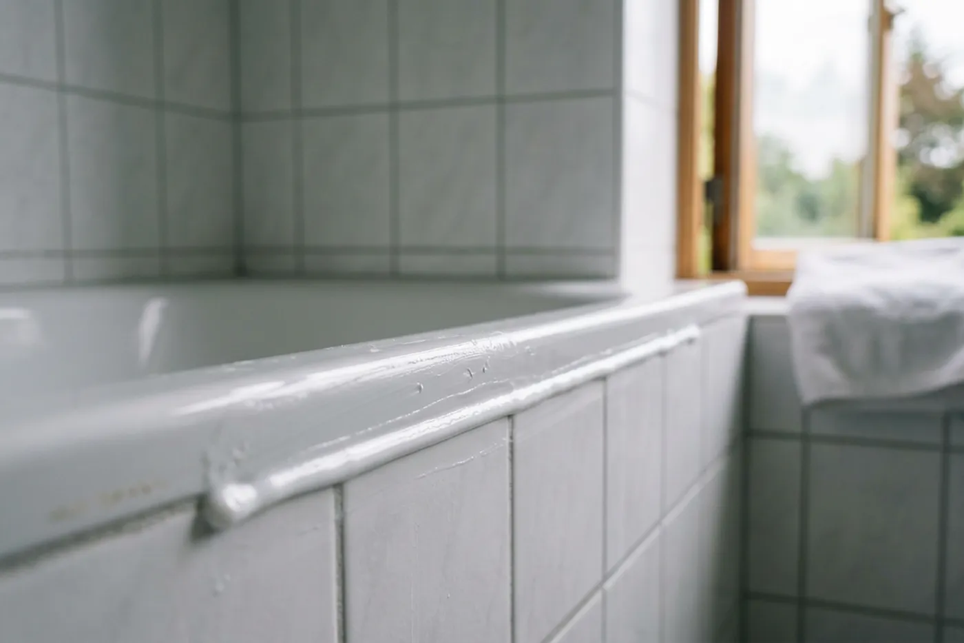 A freshly applied white silicone bead along a bath joint, still bright and slightly wet looking, with the bathroom window open behind it