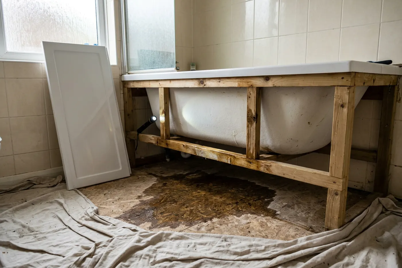 A bath panel taken off and leaned against the wall, showing the underside of a white bath, its timber frame and a dark damp stain on the chipboard floor beneath