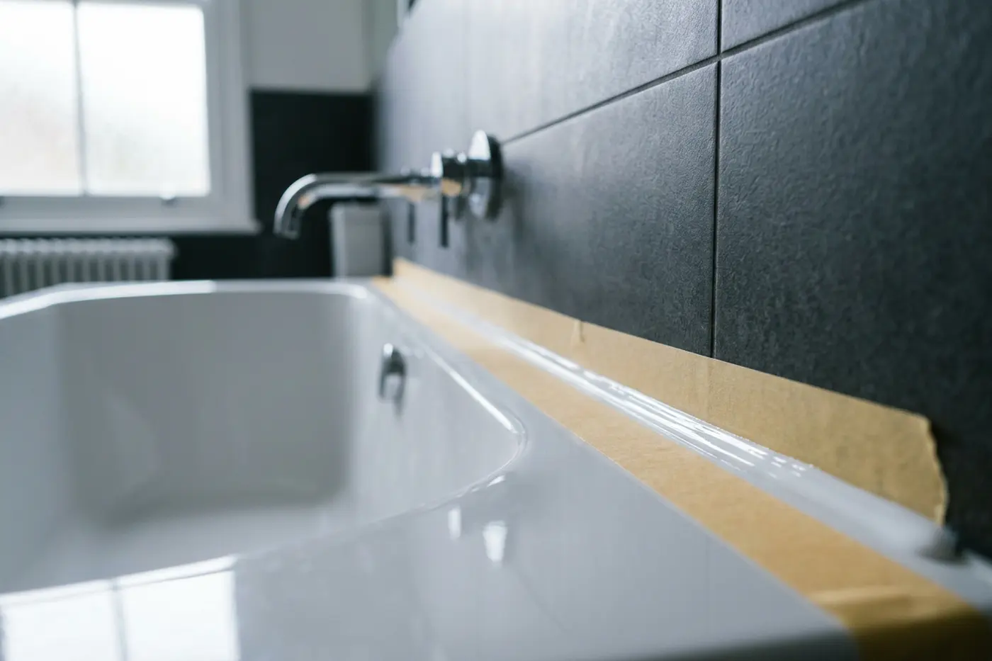 A fresh white silicone bead running along the joint between a white bath and dark charcoal wall tiles, with a strip of masking tape laid on the tile above it and another on the bath rim below it, and a chrome mixer tap out of focus behind