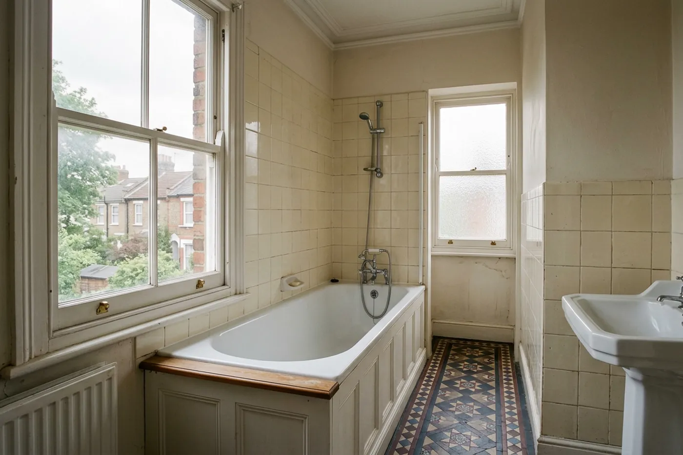 A small bathroom in a Victorian terraced house with a panelled bath under a sash window, older cream wall tiles and a patterned tiled floor