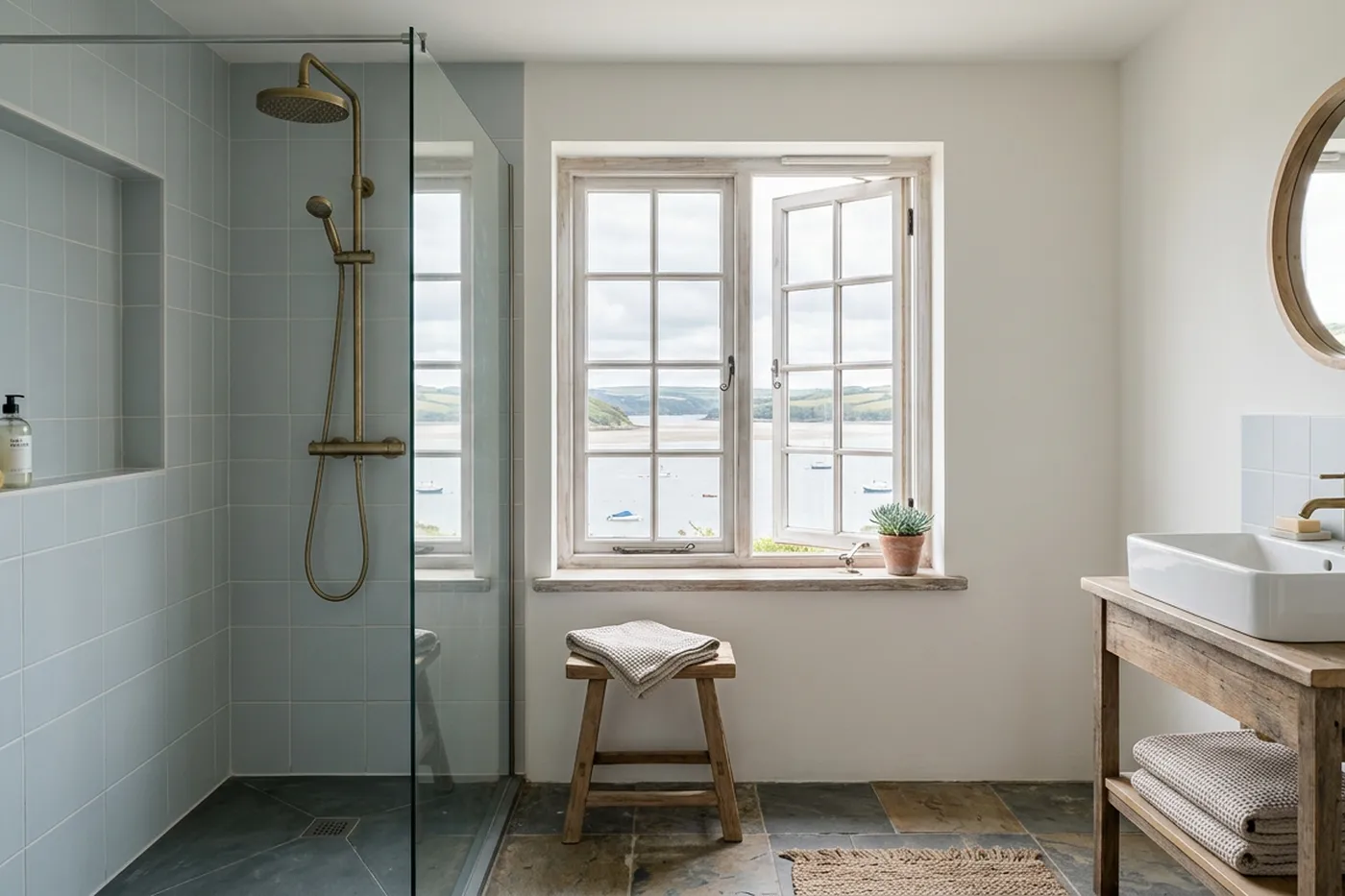 A bright coastal bathroom with a walk-in shower and pale blue-grey tiles, with a window looking towards an estuary