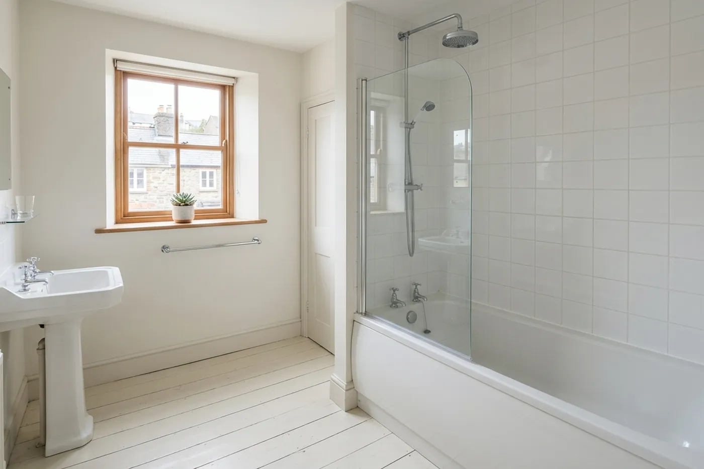A family bathroom in a Devon market town house with a white bath, a folding glass bath screen and plain white tiles