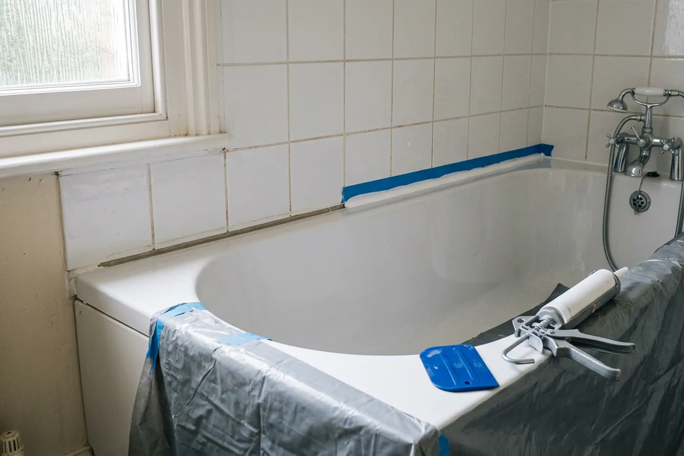 A white acrylic bath part way through being resealed, one half of the tile joint stripped back to a bare edge and the other half carrying a fresh white silicone bead