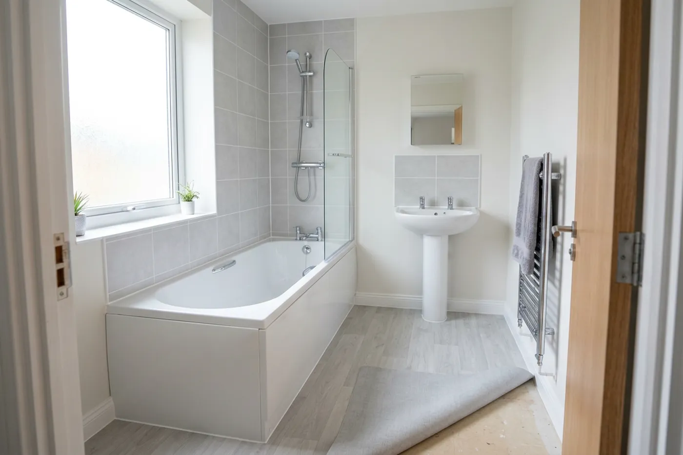 A complete small bathroom seen from the doorway after a full reseal, with bath, basin, shower screen and splashbacks all carrying clean fresh white silicone lines