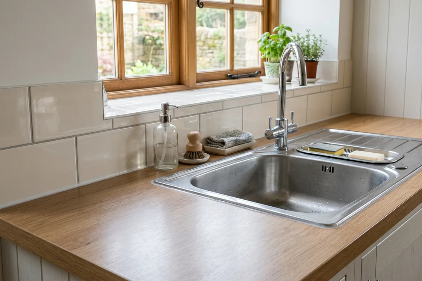 A kitchen worktop joint where a laminate worktop meets a tiled upstand behind an inset stainless steel sink, with a fresh clear silicone line run along it