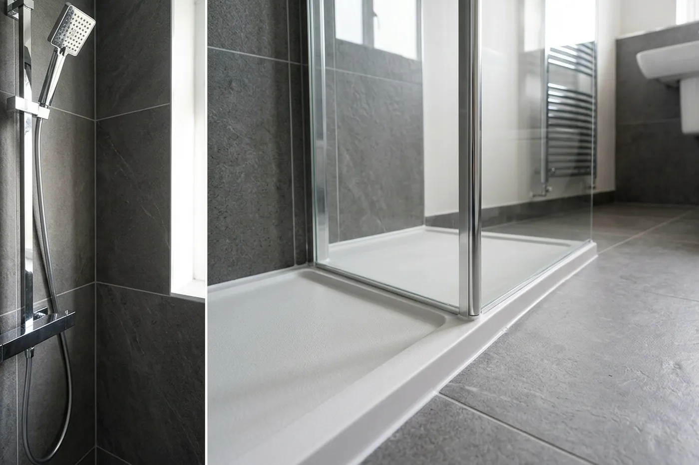A walk-in shower enclosure with a stone resin tray meeting large format grey wall tiles, the joint newly sealed with a clean white silicone bead