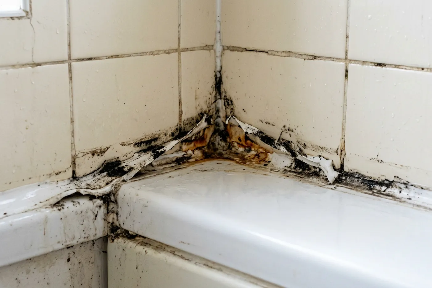 The joint between a white bath and cream wall tiles where the sealant has blackened with mould and is lifting away from the tile