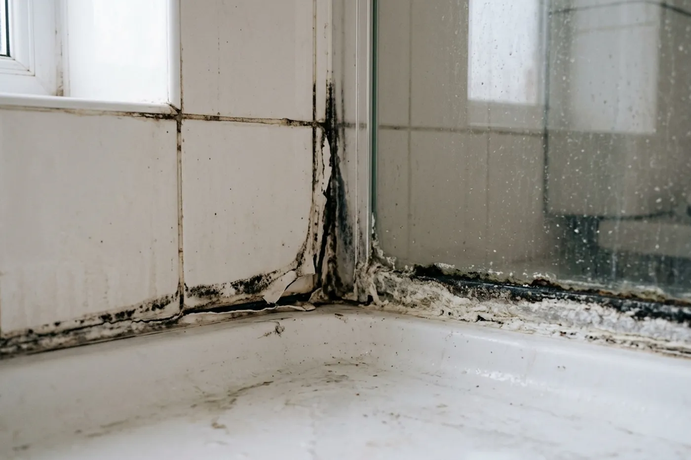 A shower enclosure corner where the sealant at the tray edge and up the vertical corner has gone black and is peeling back from the tile
